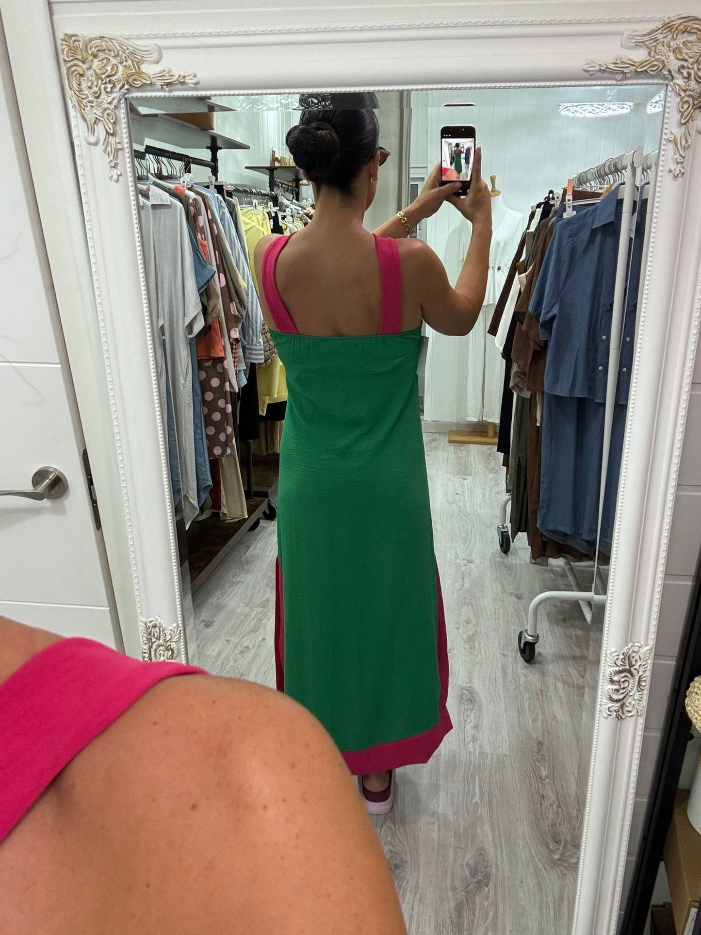 Vestido Martha verde y fucsia