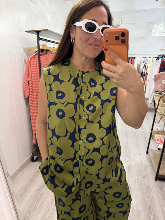 Pantalón Sakura Flores marino y verde