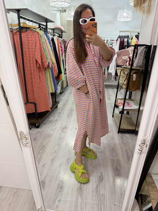 Vestido Vichy fluor fucsia verde y azul