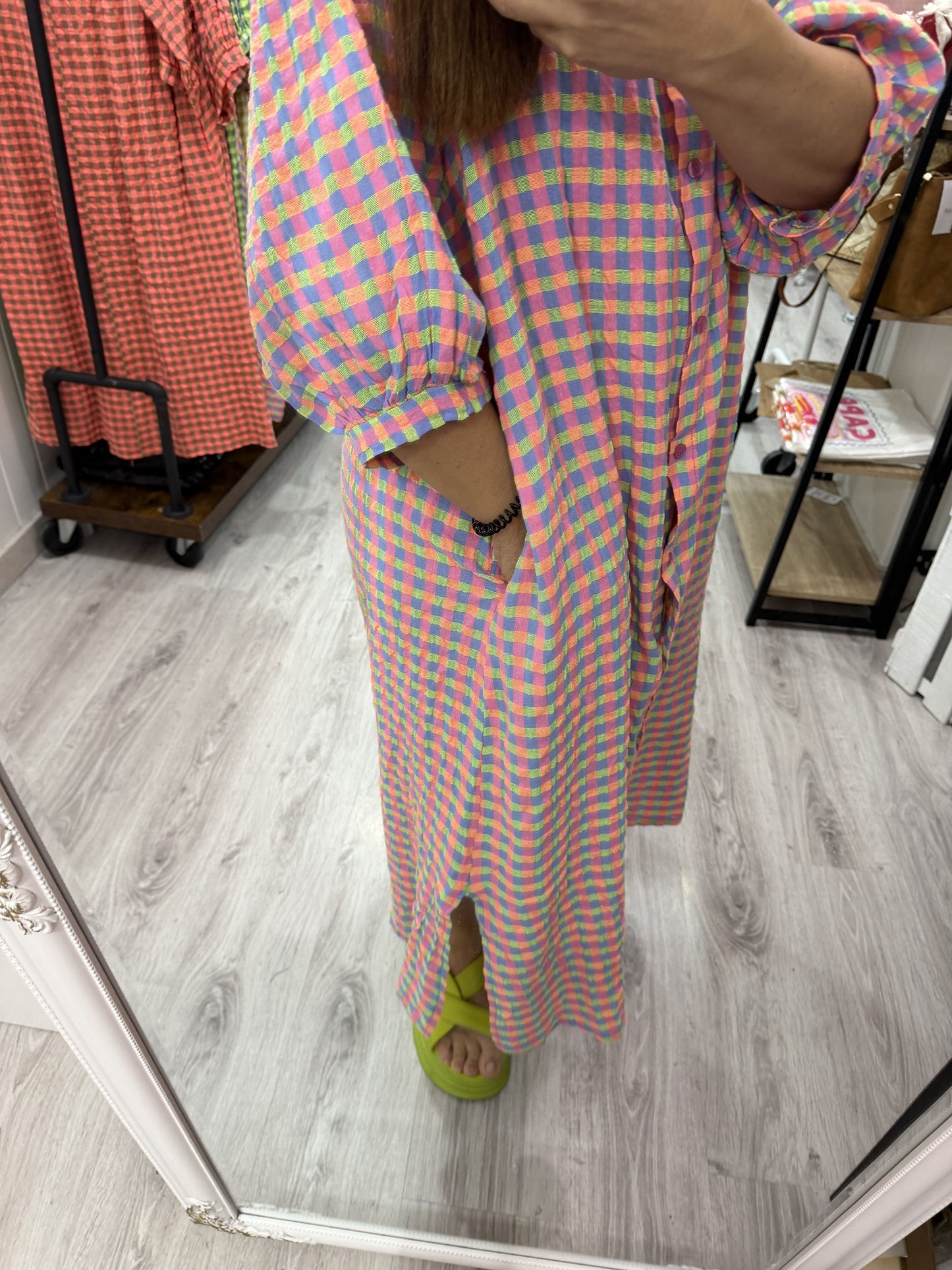 Vestido Vichy fluor fucsia verde y azul