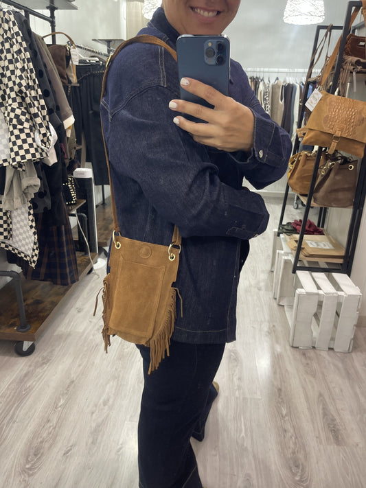 Bolsito móvil piel Texas flecos camel