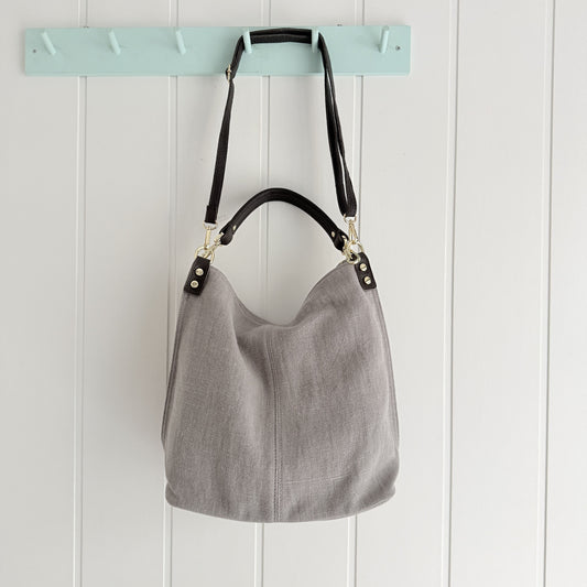 Bolso Sakko lino y piel gris