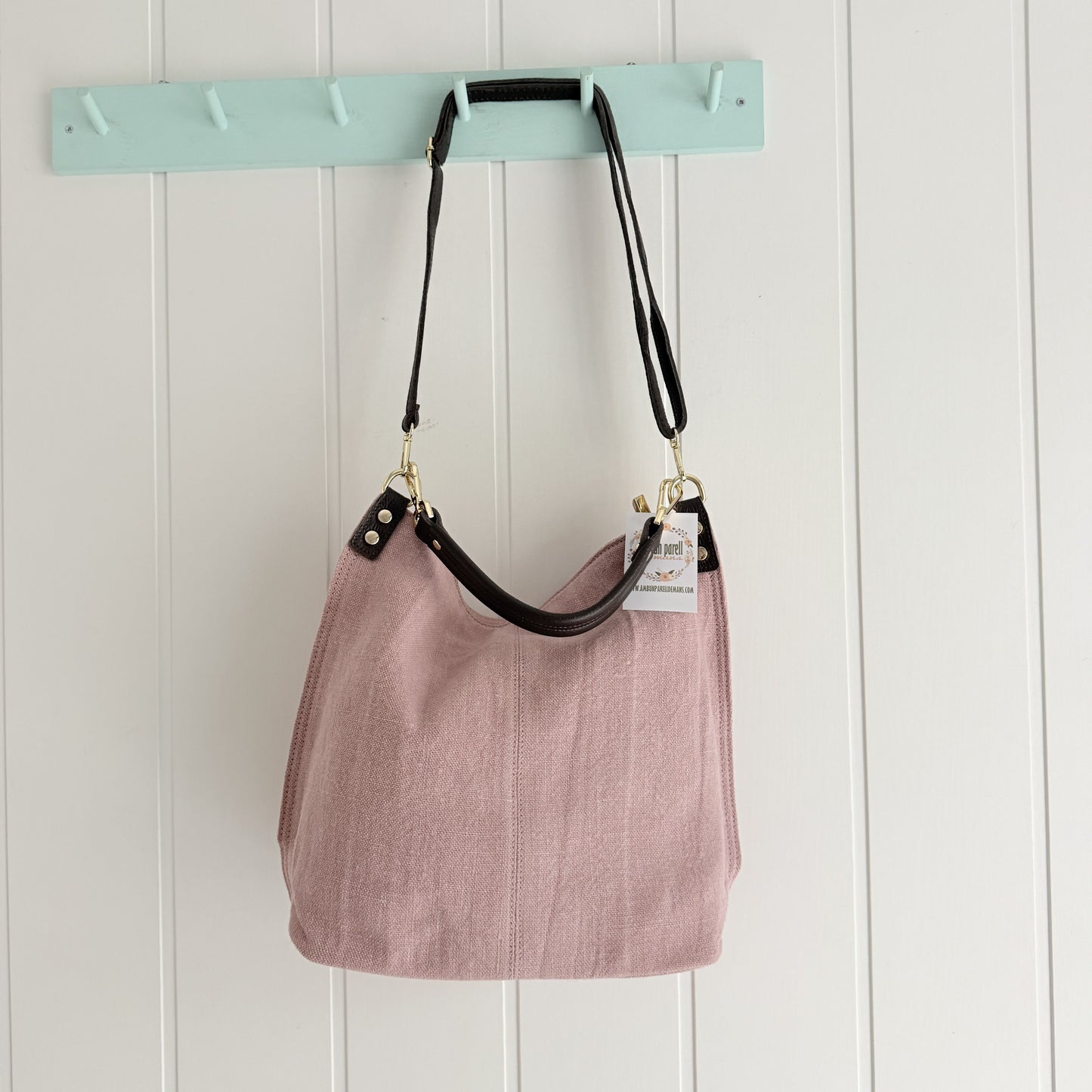 Bolso Sakko lino y piel rosa