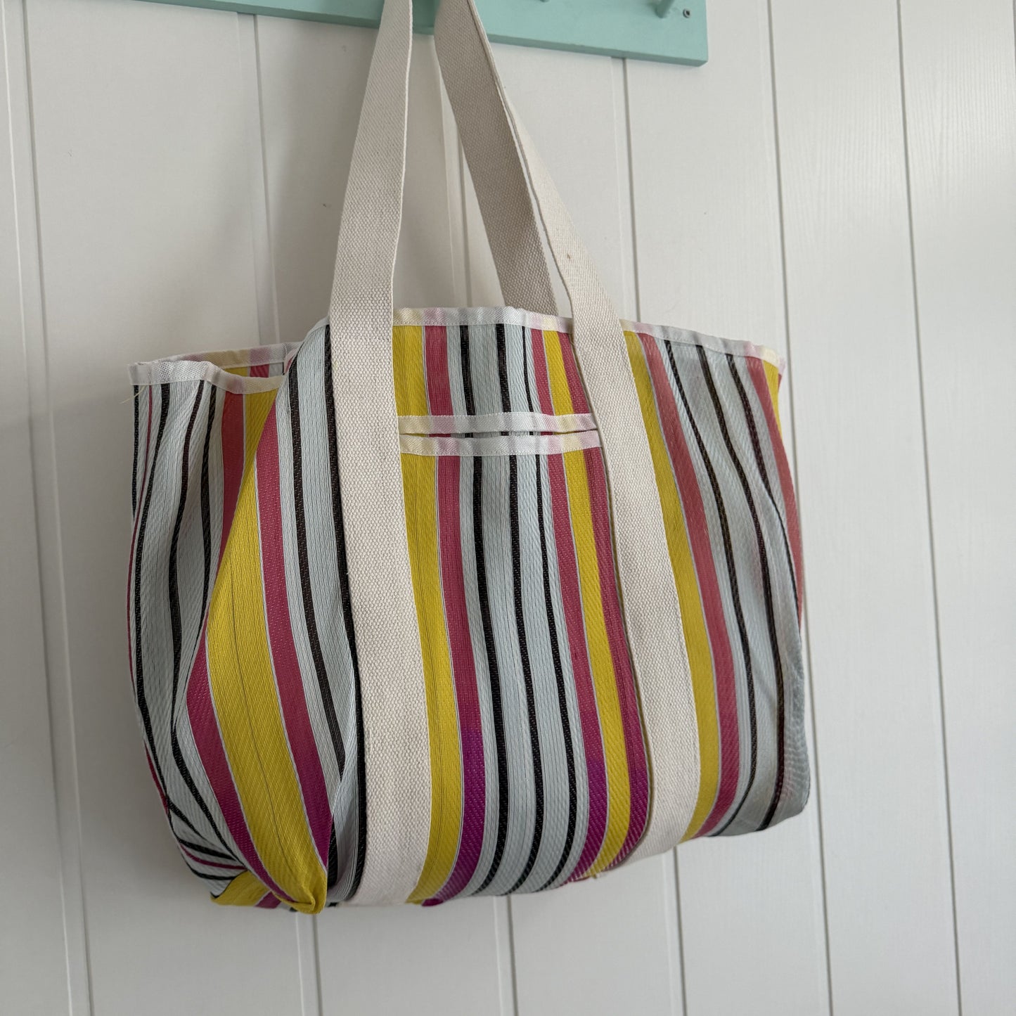 Bolso Rayas reciclado fucsia, azul cielo y marrón