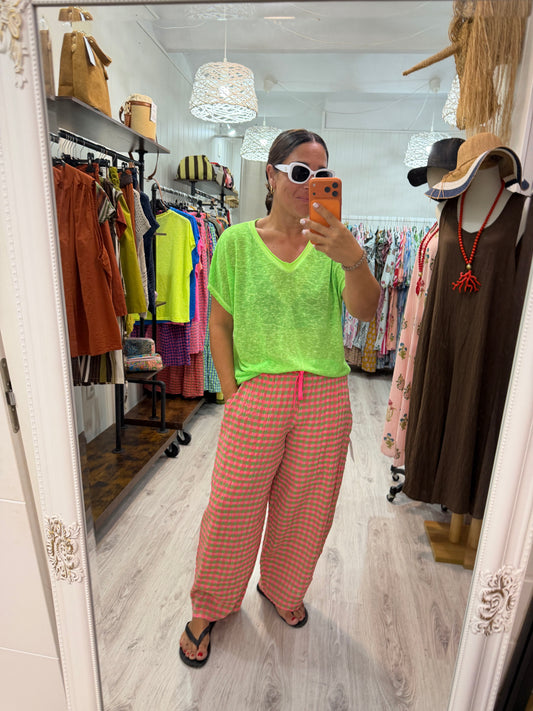 Camiseta Boho manga corta verde fluor