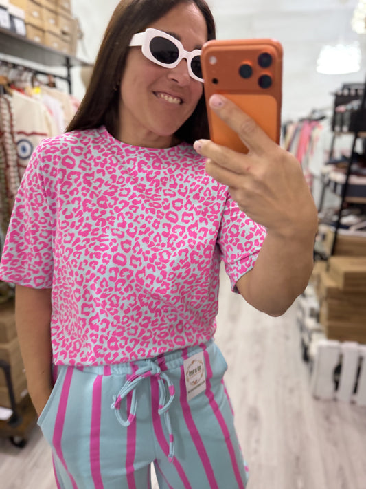 Pantalón Katia rayas contrastes turquesa y fucsia