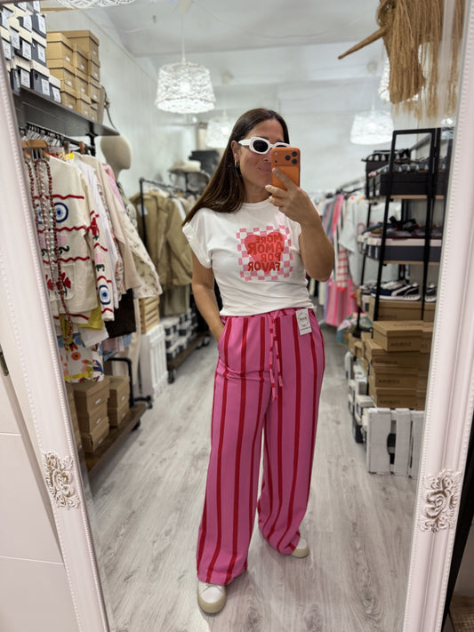Pantalón Katia rayas contrastes fucsia y rojo