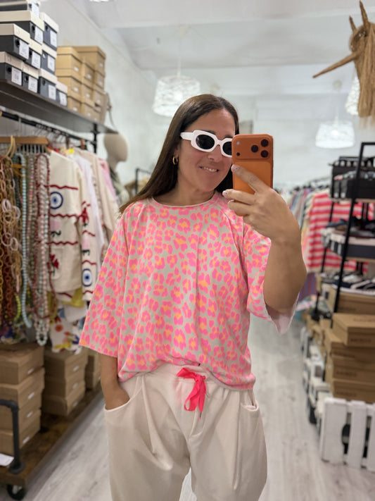 Sudadera Manga Corta animal print fluor naranja y fucsia