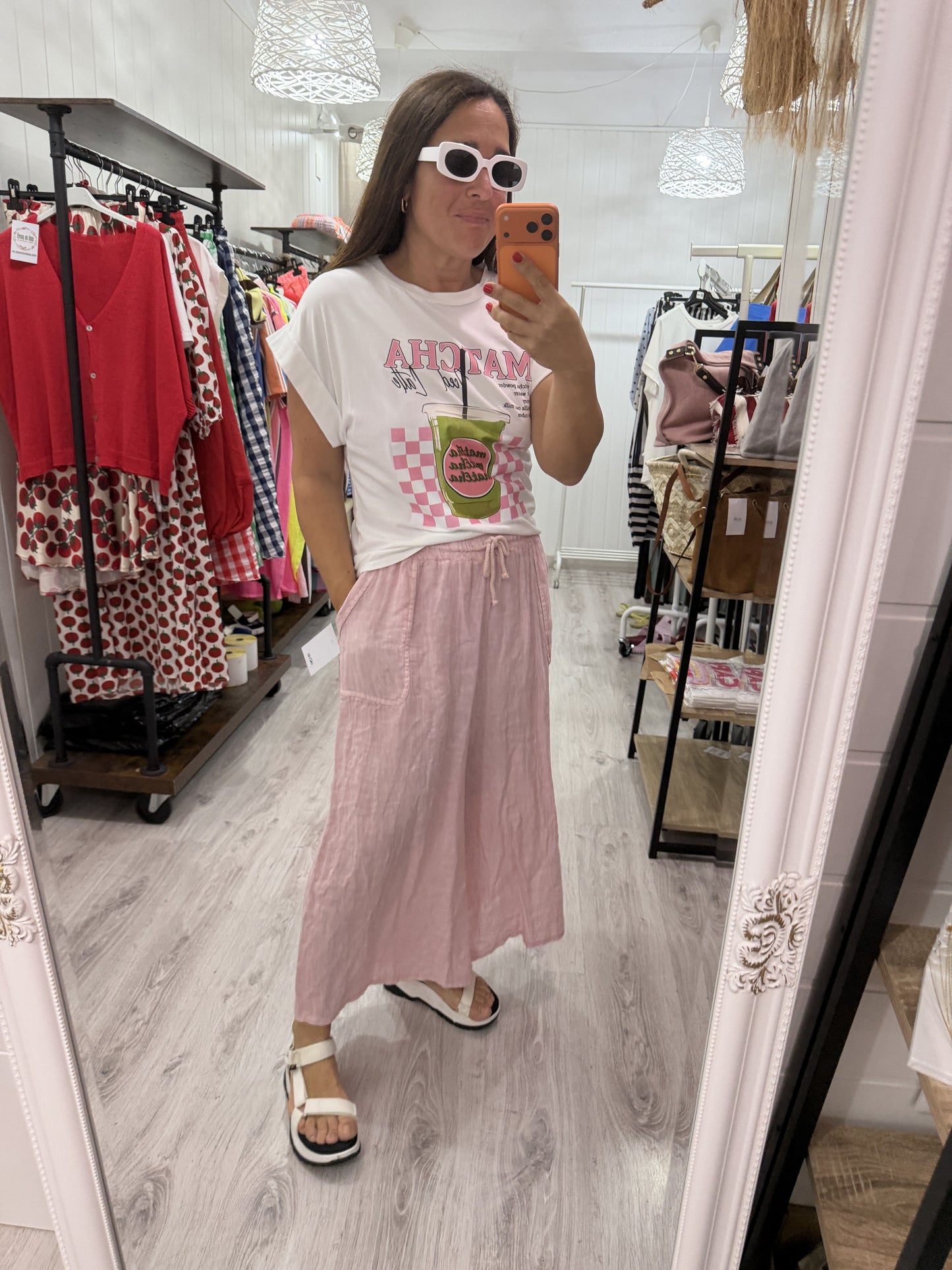 Pantalón efecto falda lino rosa