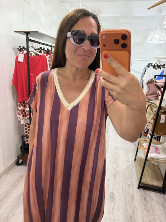 Vestido Licra fría oversize rayas naranja y berenjena