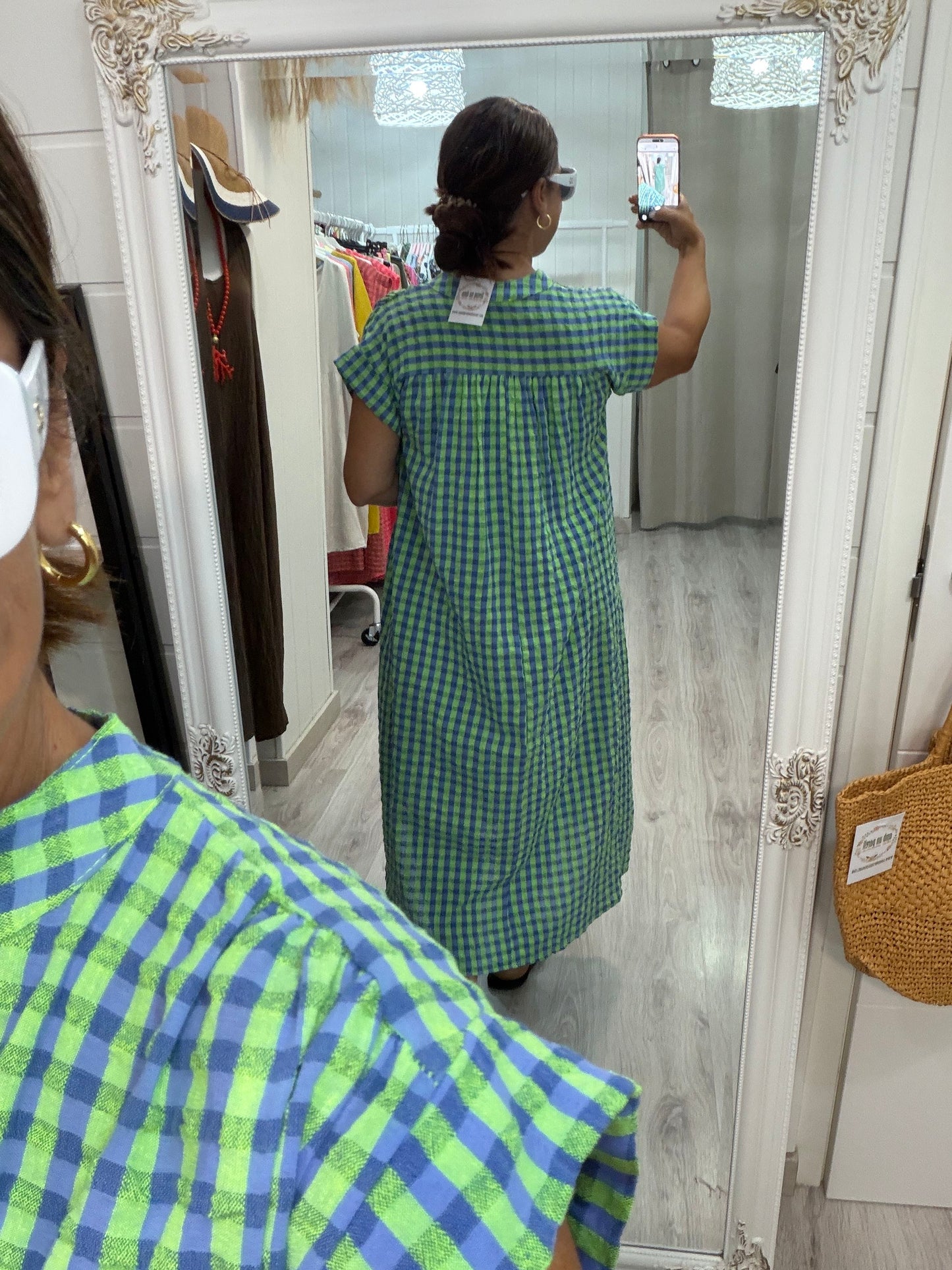 Kaftan Vichy fluor verde y azul