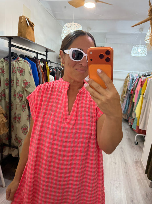 Kaftan Vichy fluor fucsia y coral