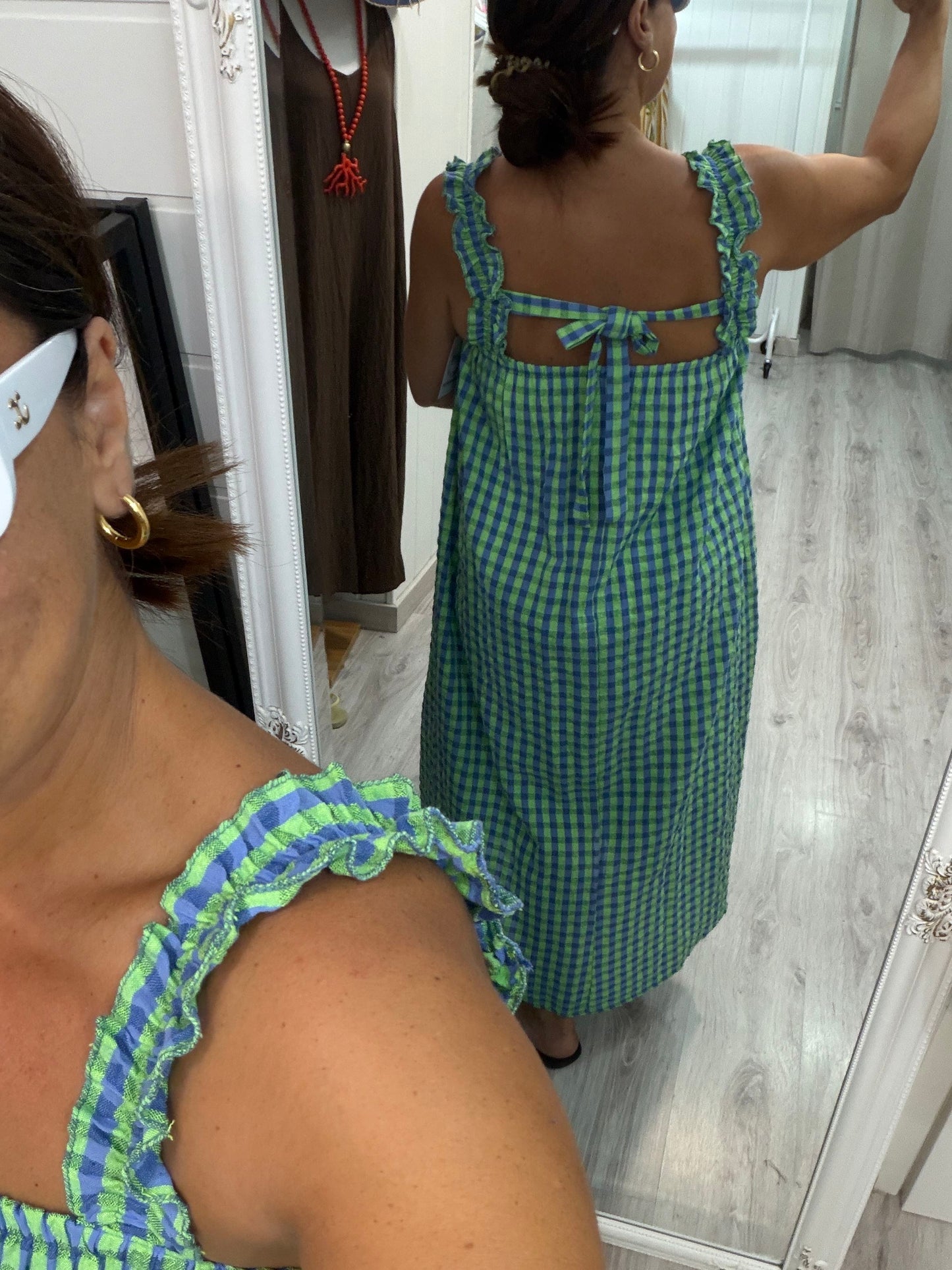 Vestido Lazo espalda Vichy fluor azul y verde