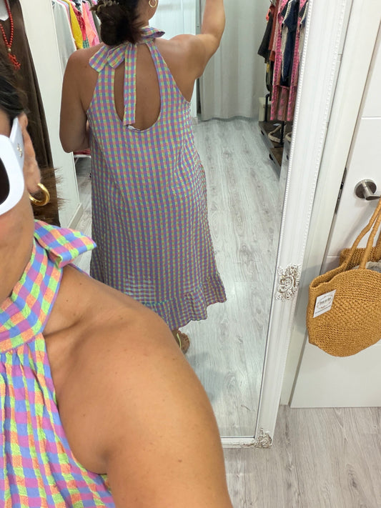 Vestido Cuello halter vichy fluor fucsia, lila y amarillo