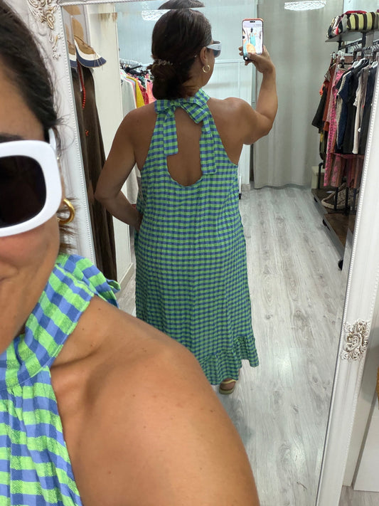 Vestido Cuello halter vichy fluor azul y verde