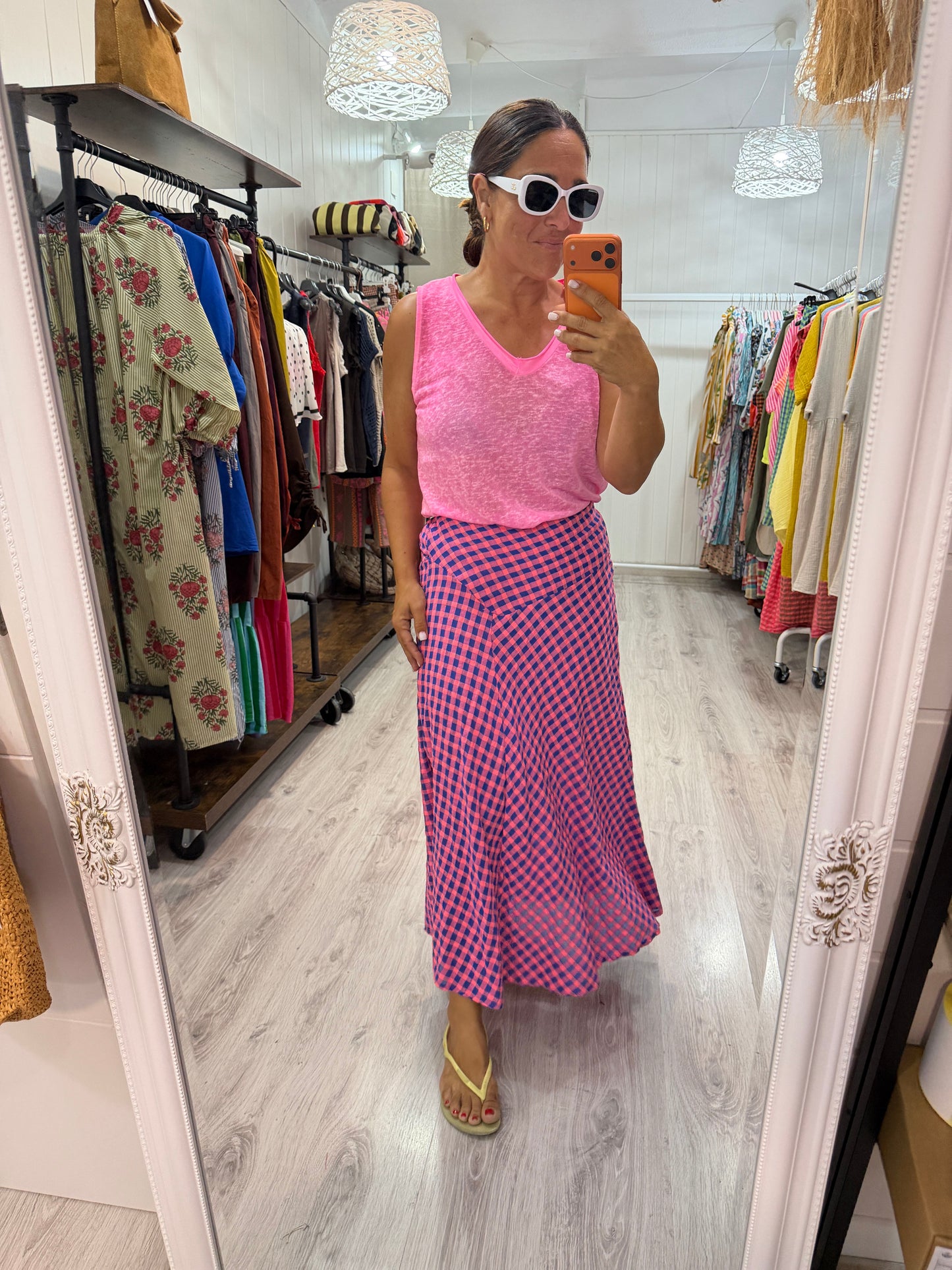 Falda Vichy fluor azul y fucsia