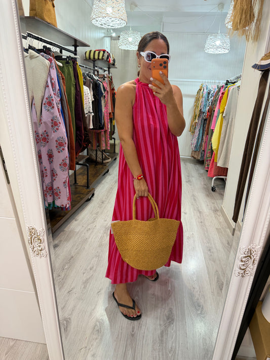 Vestido Cascais halter fucsia y rojo