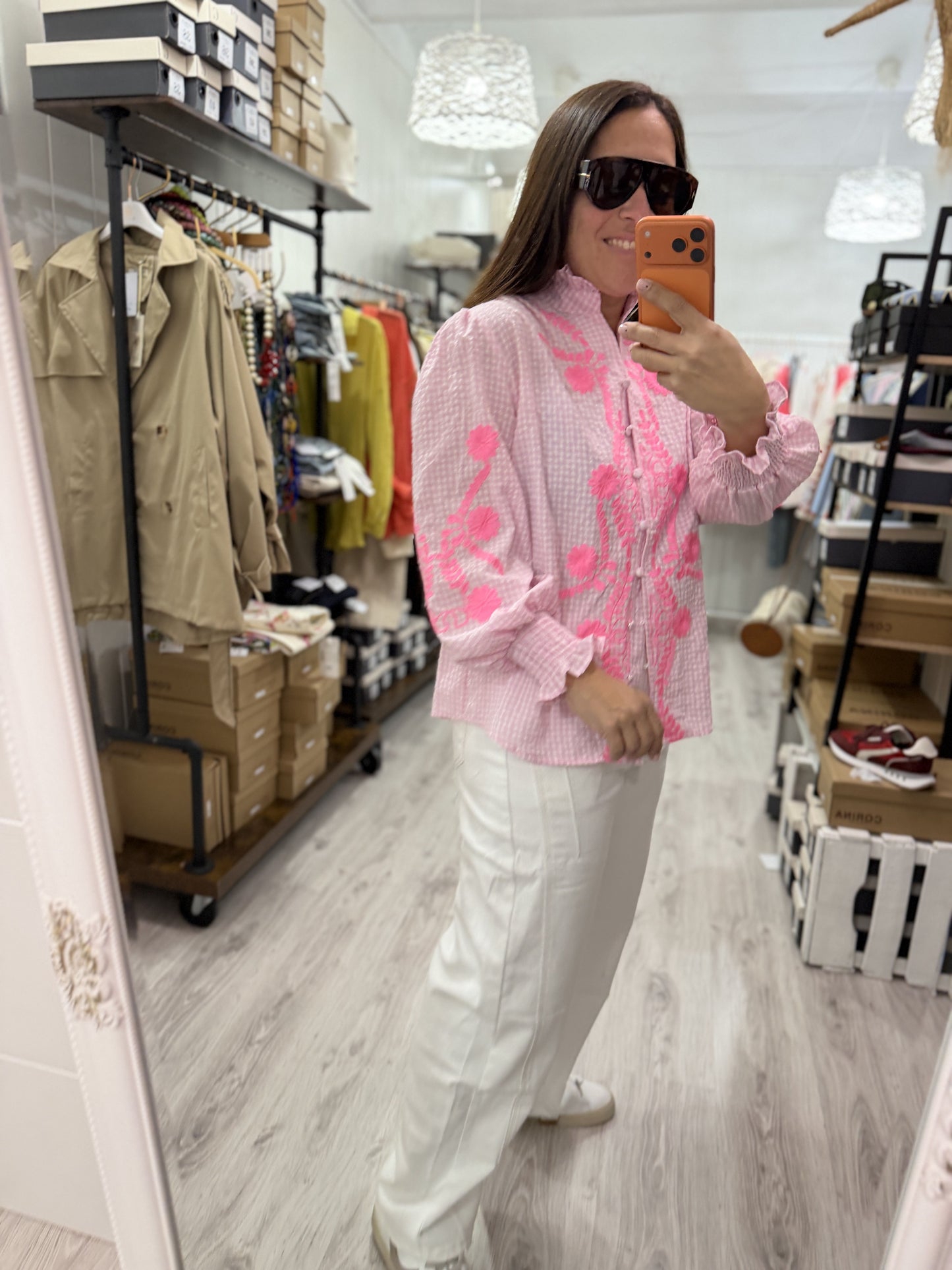 Camisa Vichy flores rosa