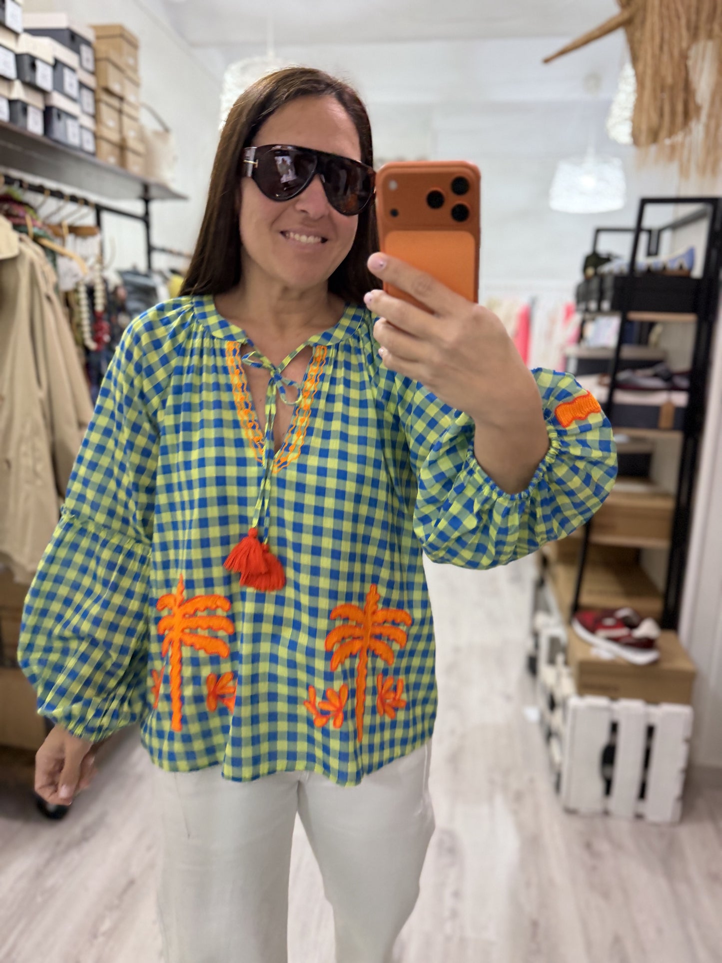 Blusa Jaipur vichy azul y verde