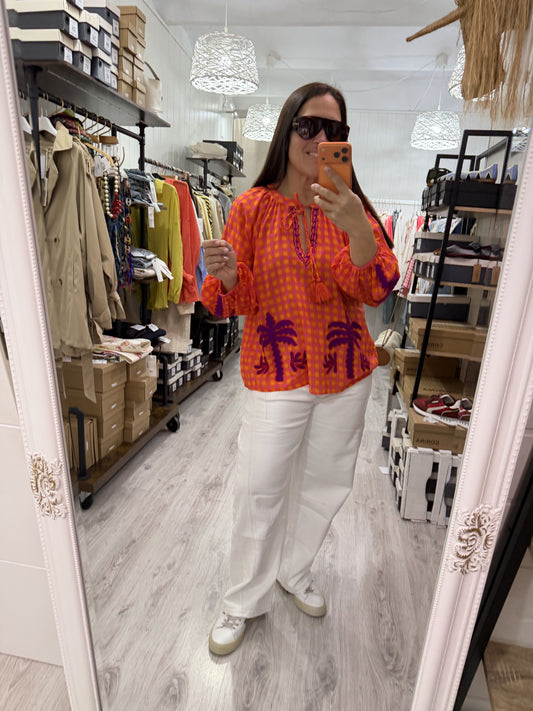 Blusa Jaipur vichy naranja y lila