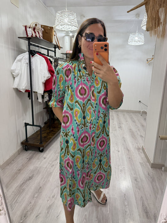 Vestido Sira largo · Ikat turquesa