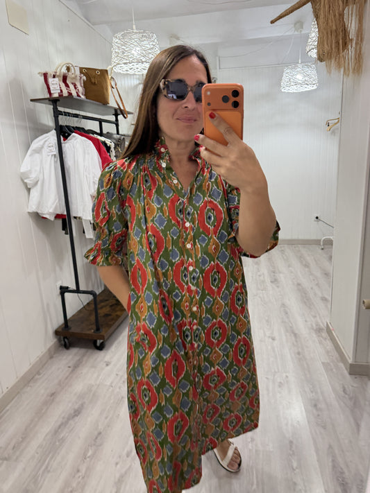 Vestido Sira largo · Ikat ocres