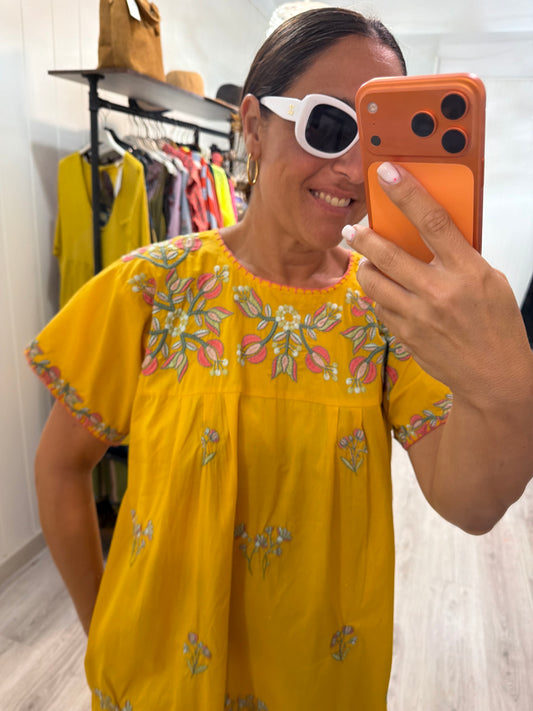 Vestido Mexicano Tijuana midi mostaza