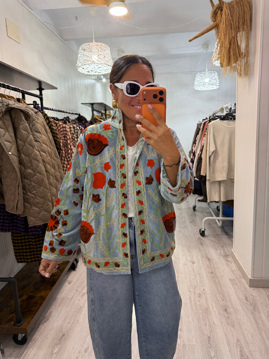 Chaqueta Suzani terciopelo azul jeans, burdeos, verde