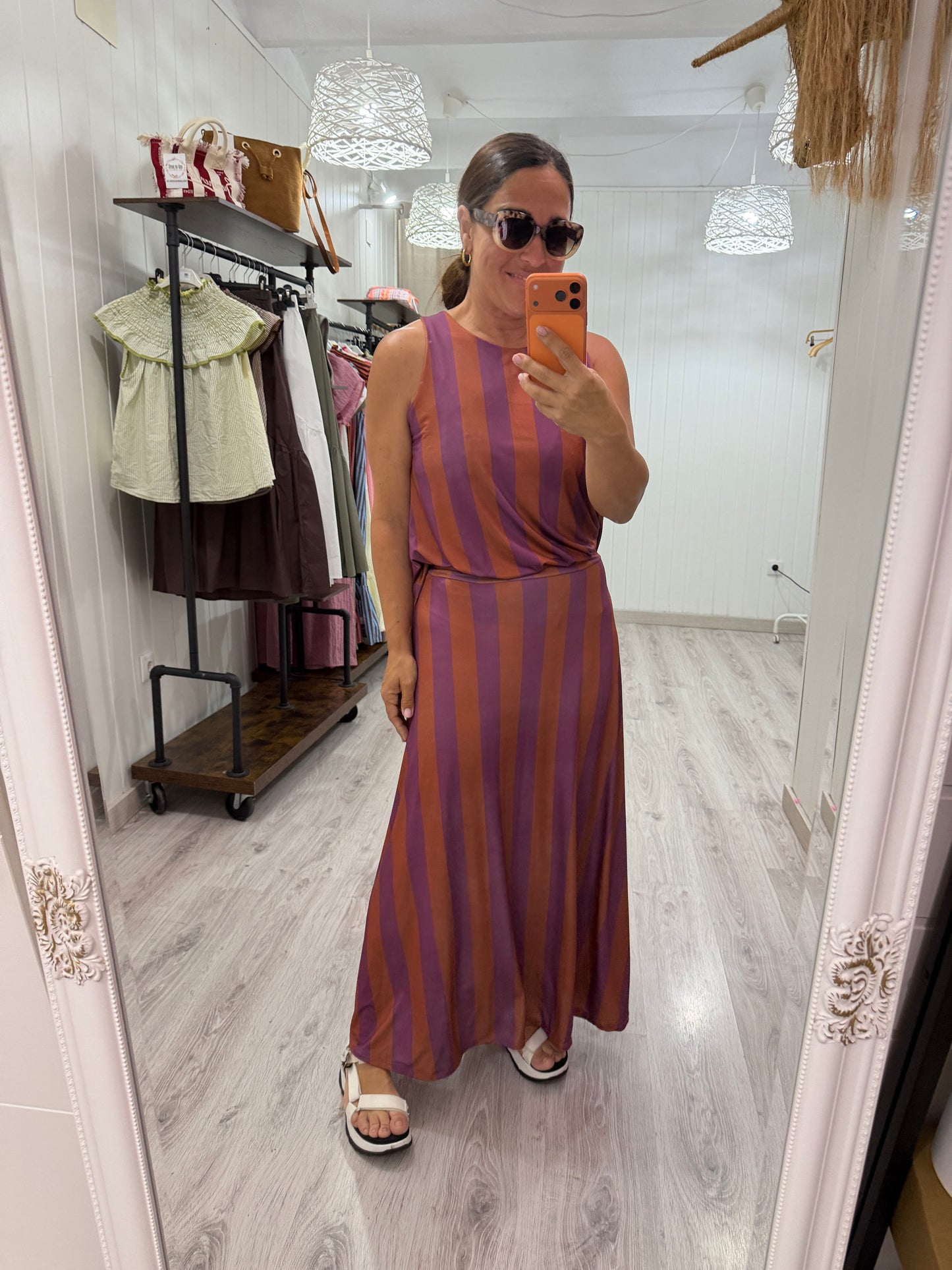 Top Lisboa licra fría naranja y lila