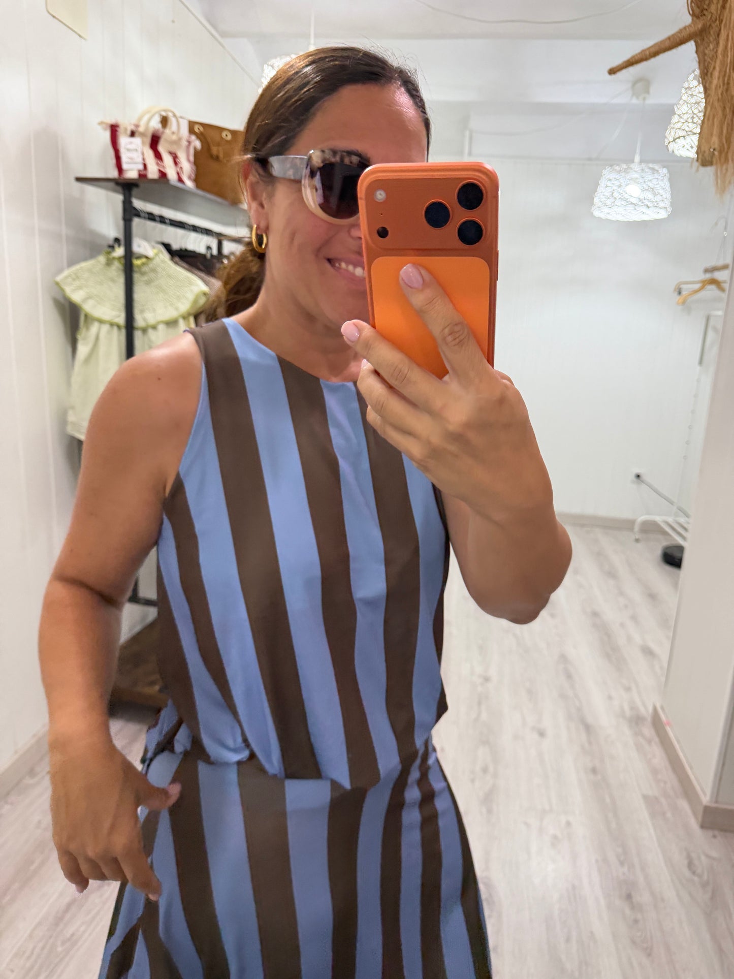 Falda Lisboa licra fría azul cielo y chocolate