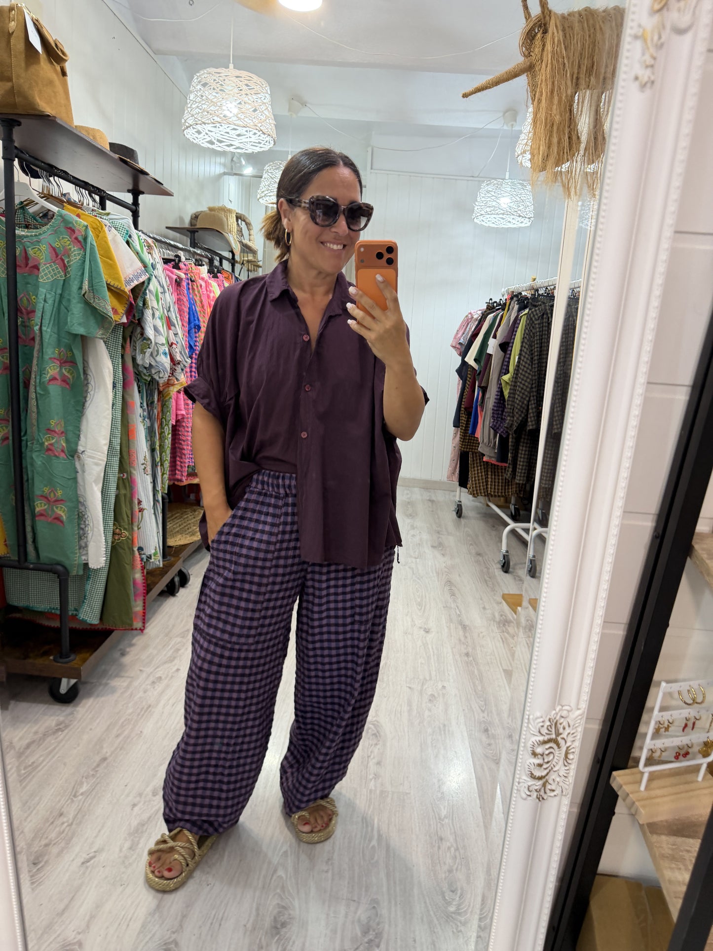 Pantalón vichy lovers berenjena y lila