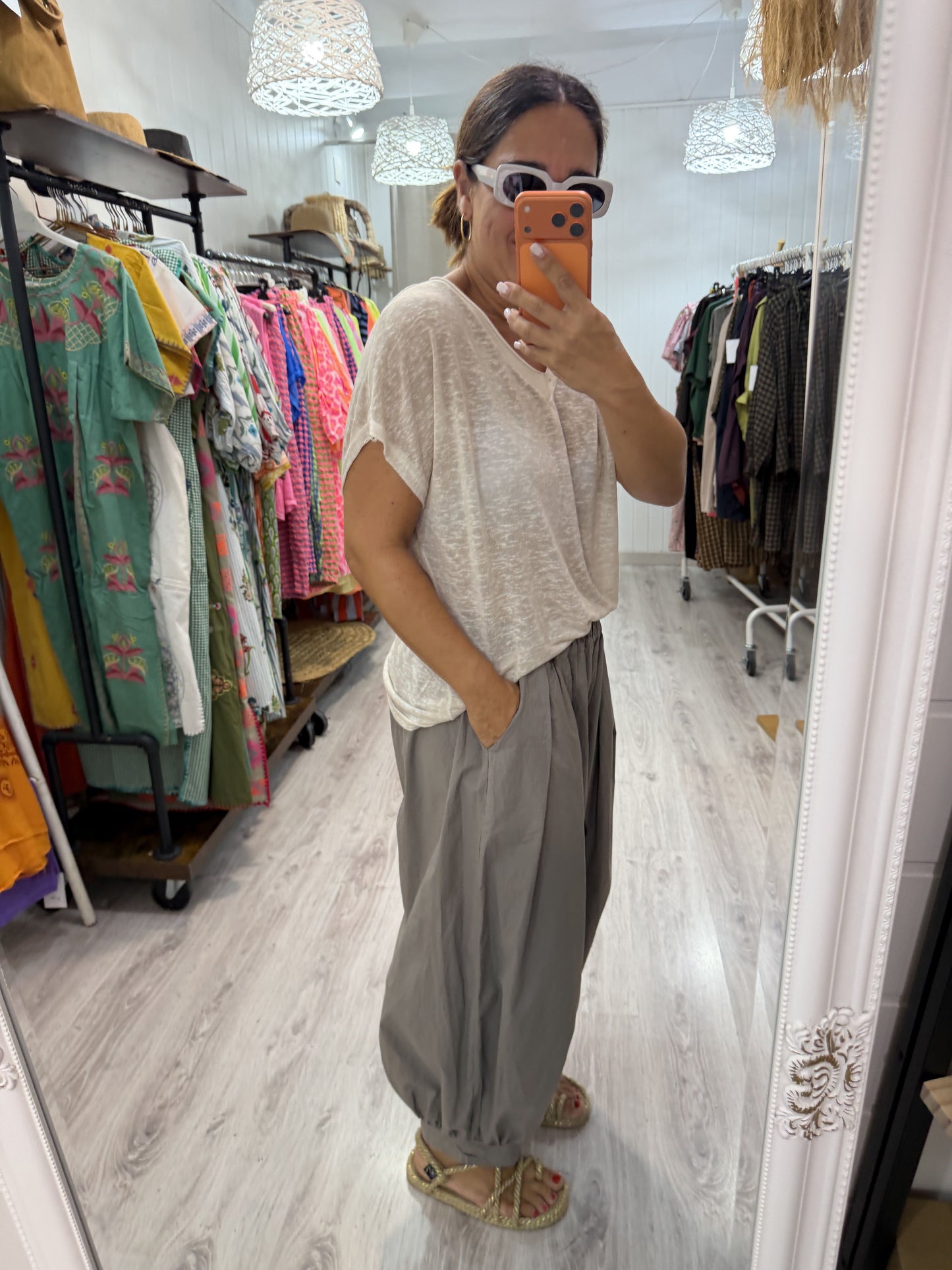 Camiseta Boho manga corta beige