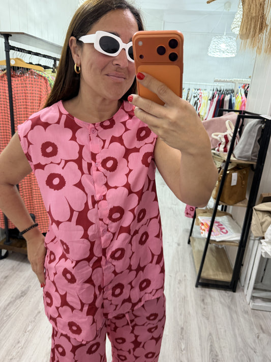 Blusa Sakura Flores rosa y burdeos