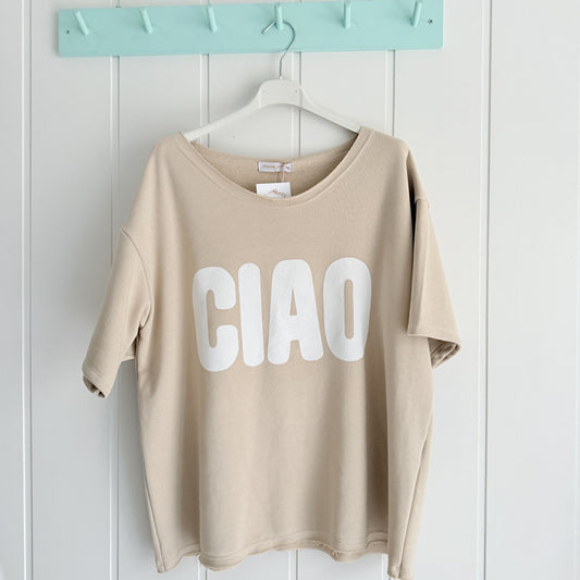 Sudadera Ciao manga corta beige y blanco