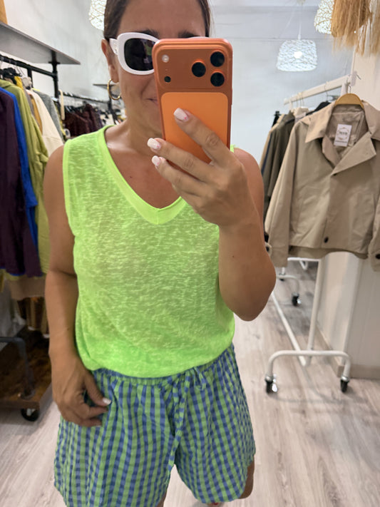 Short efecto falda vichy fluor azul y verde