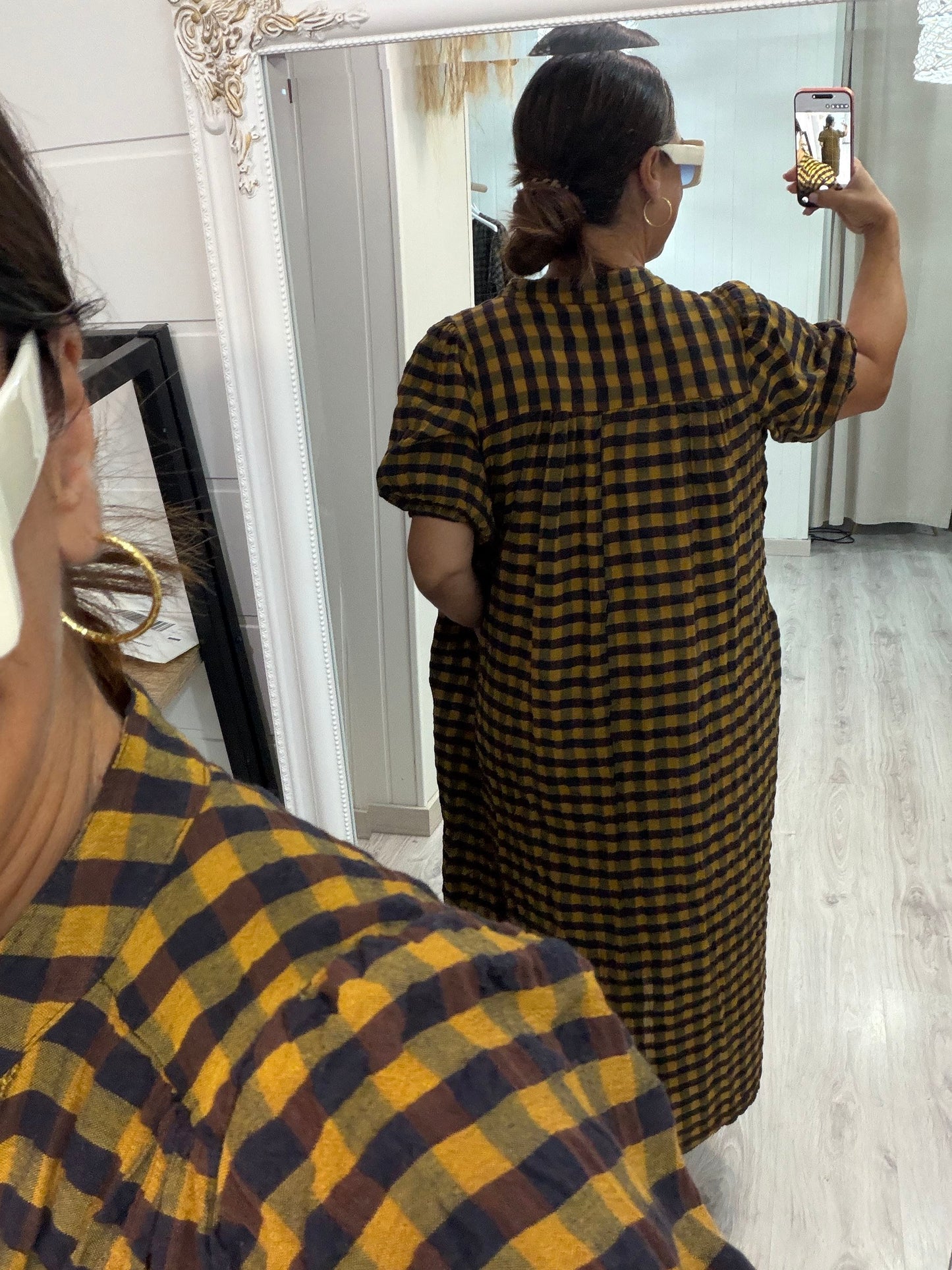Vestido Puglia vichy mostaza y chocolate