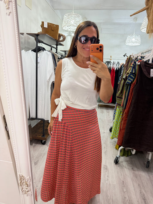 Falda Vichy fluor taupe y coral