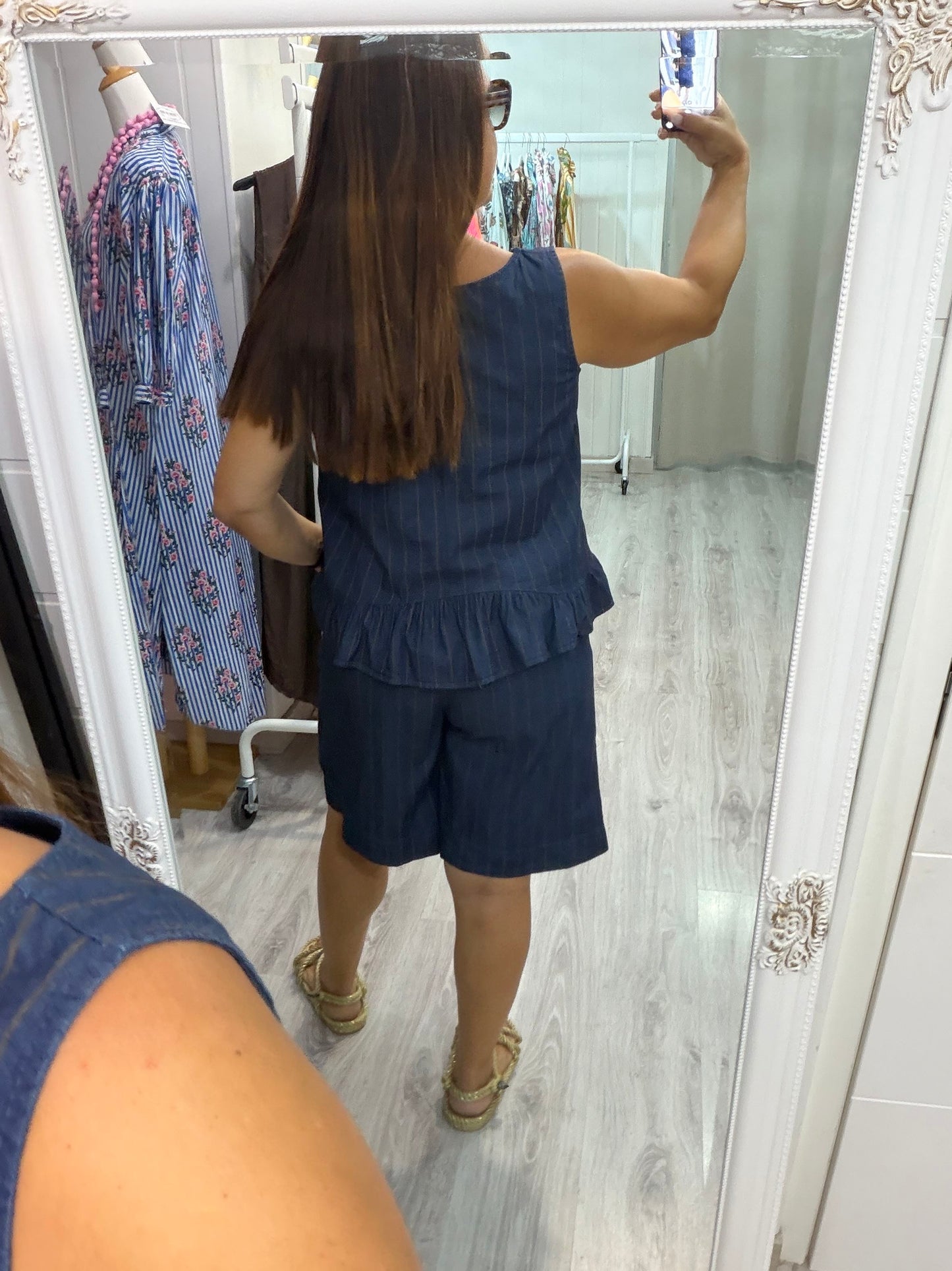 Blusa Jeans volante rayas chocolate