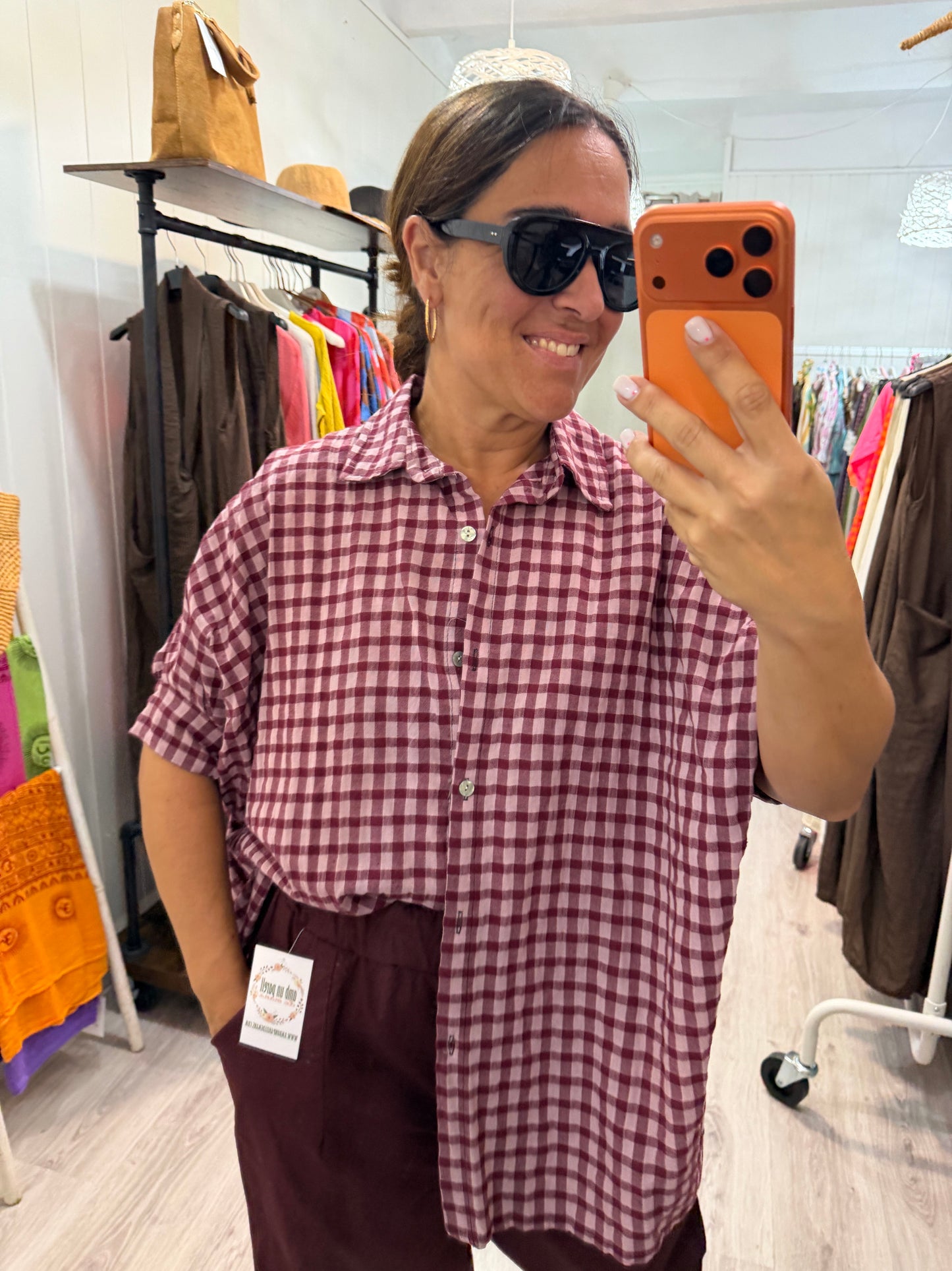 Blusón Oversize vichy burdeos y rosa