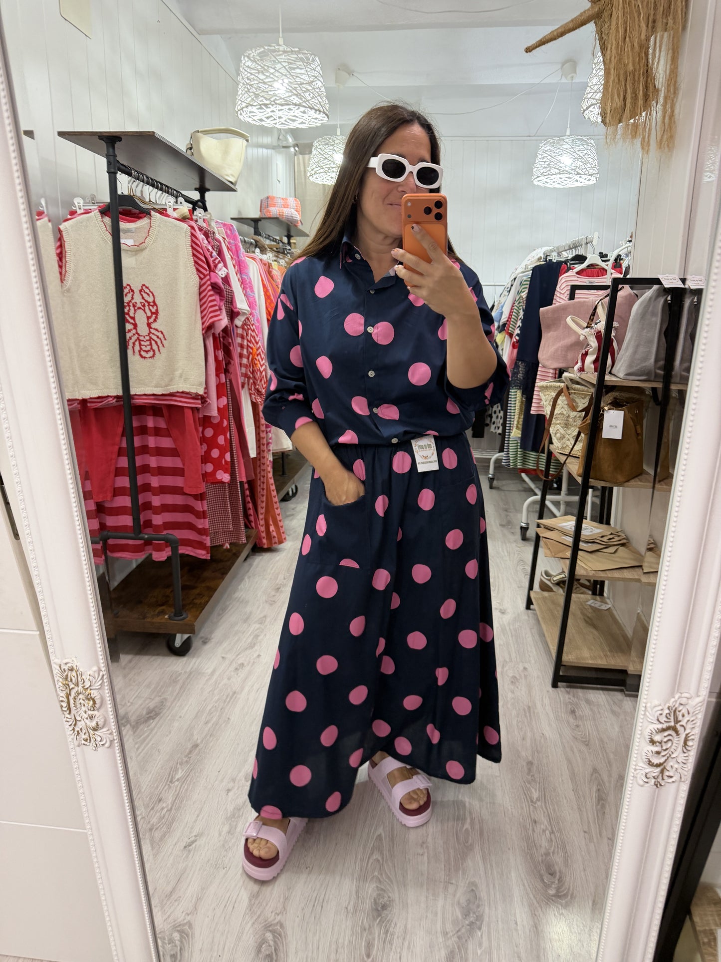 Camisa Caetana topos azul y fucsia