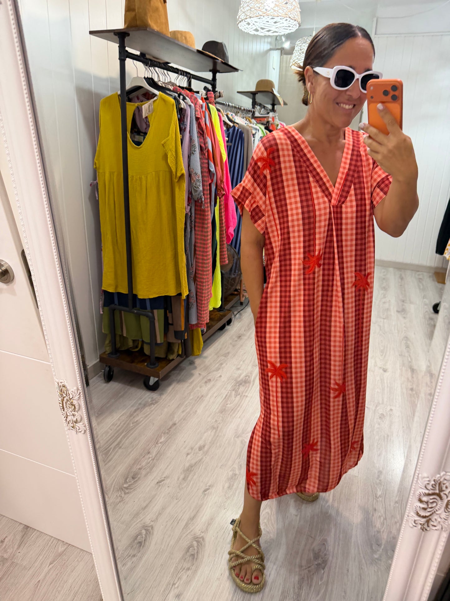 Kaftan Palmeras vichy licra fría coral y rojo
