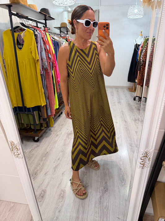 Vestido Ziggy licra fría chocolate y pistacho