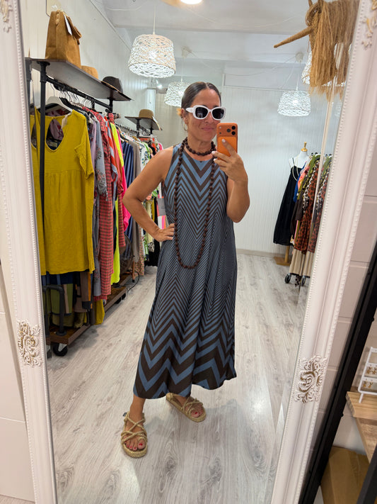 Vestido Ziggy licra fría chocolate y azul