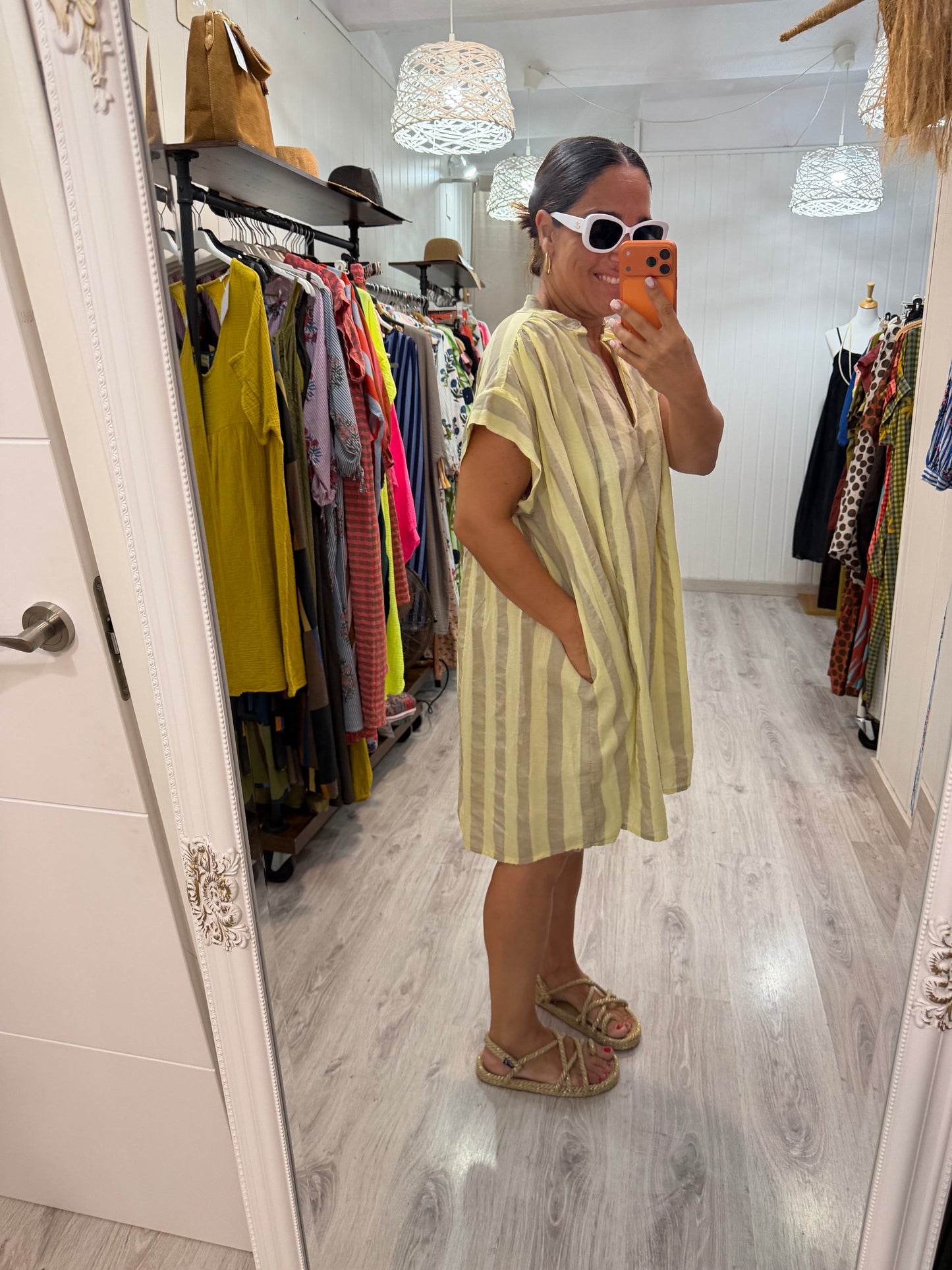 Vestido Cangas amarillo y taupe