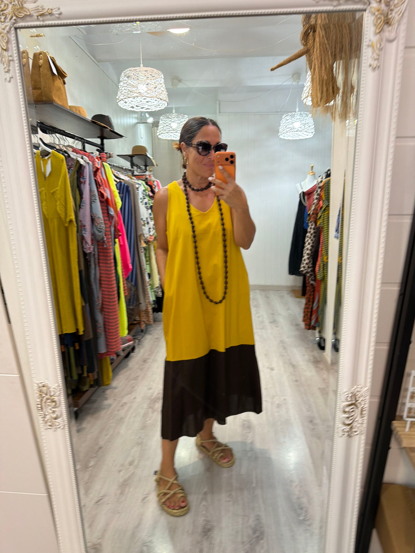 Vestido Bicolor mostaza y chocolate