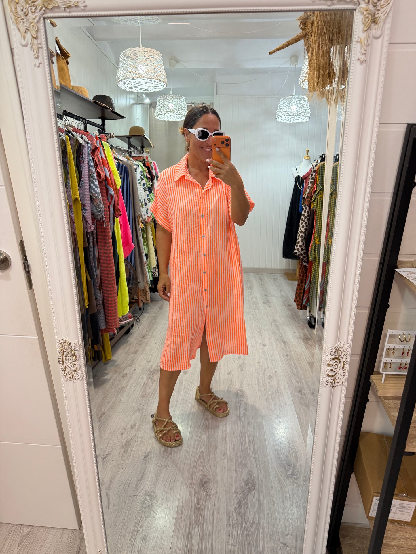 Vestido Bambula camisero navy naranja fluor