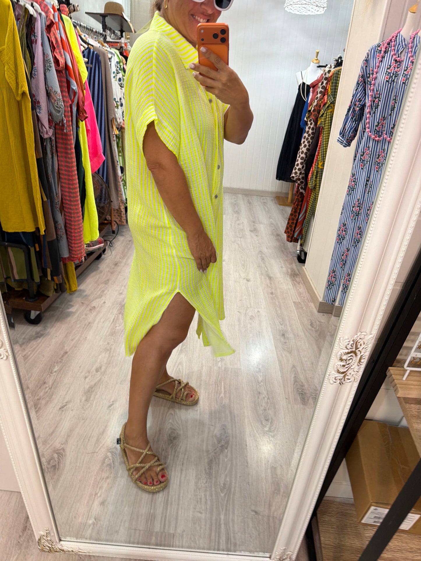 Vestido Bambula camisero navy amarilo fluor