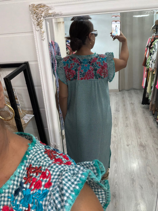 Vestido Mexicano Oaxaca Vichy floral turquesa