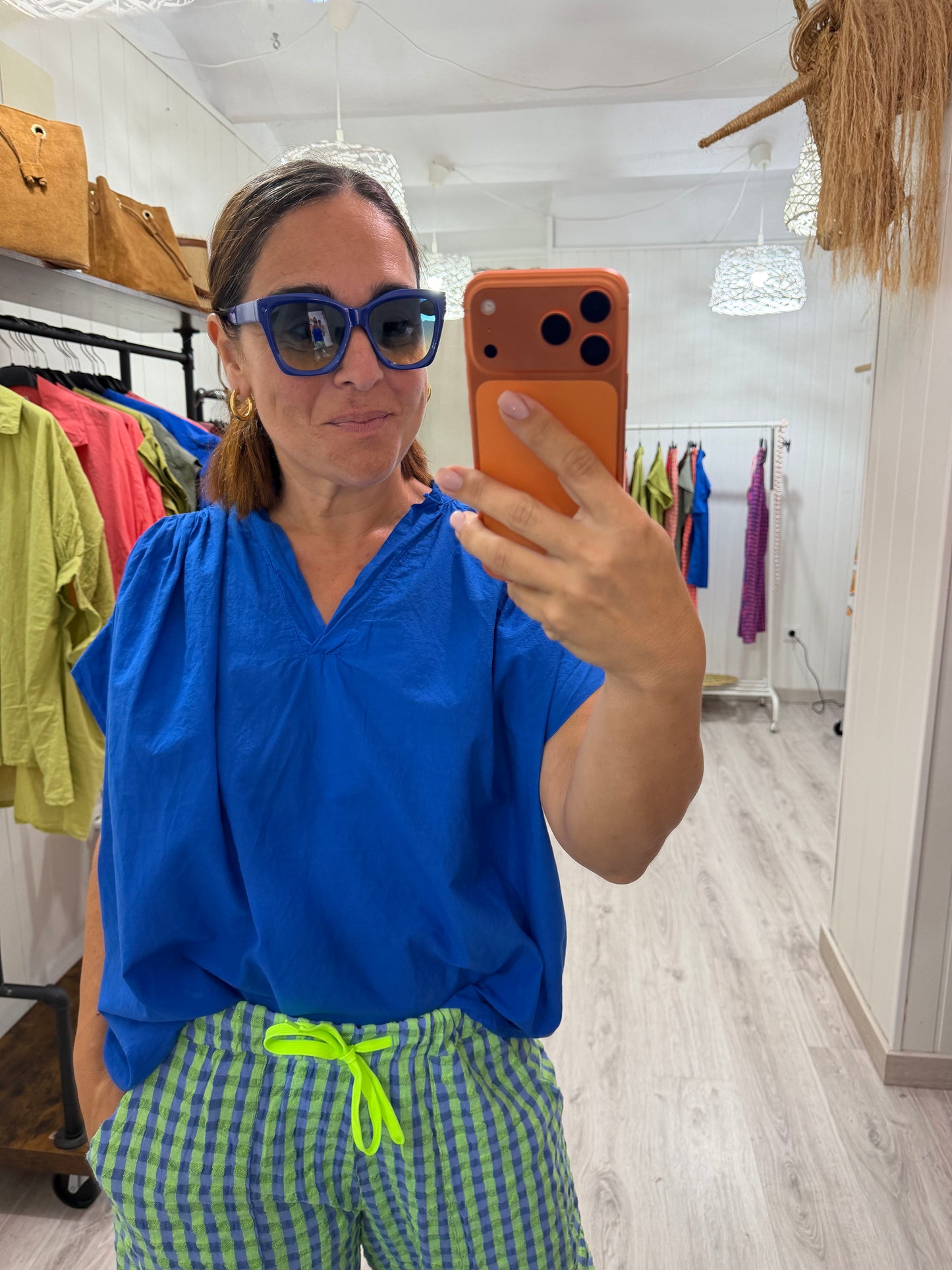 Pantalón vichy fluor verde y azul