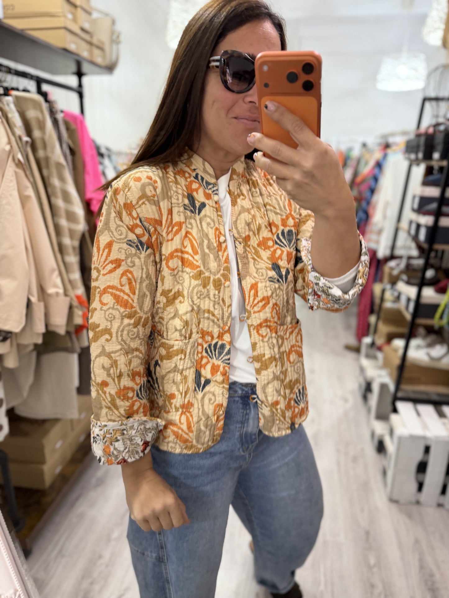 Chaqueta India reversible flores beige y teja